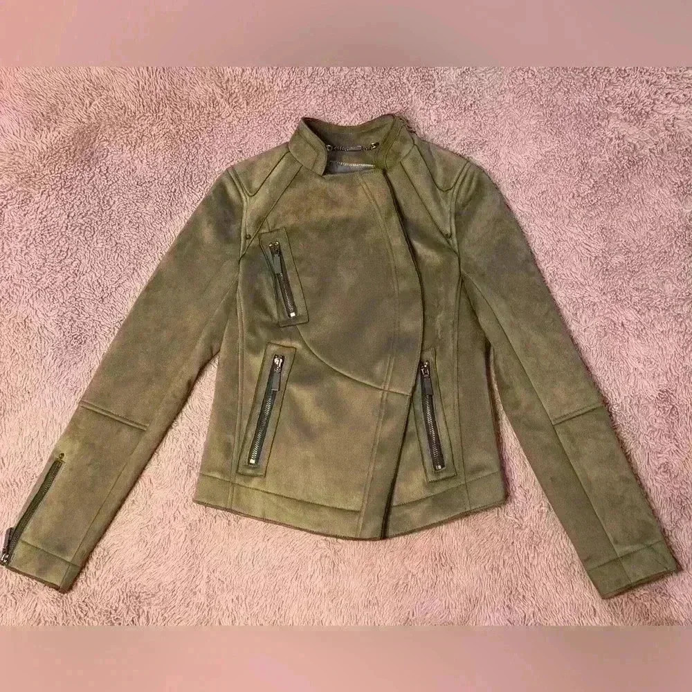 VINCE CAMUTO OLIVE GREEN SYNTHETIC SUEDE ASYMMETRIC ZIPPER JACKET SIZE XS - Picture 6 of 10